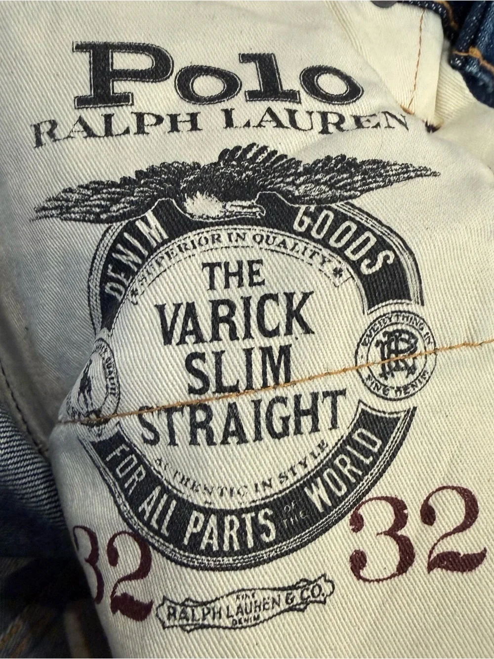 Ralph Lauren Men’s Varick Straight Jeans logo Flag Ribbon Seams Sz 32x32 NEW